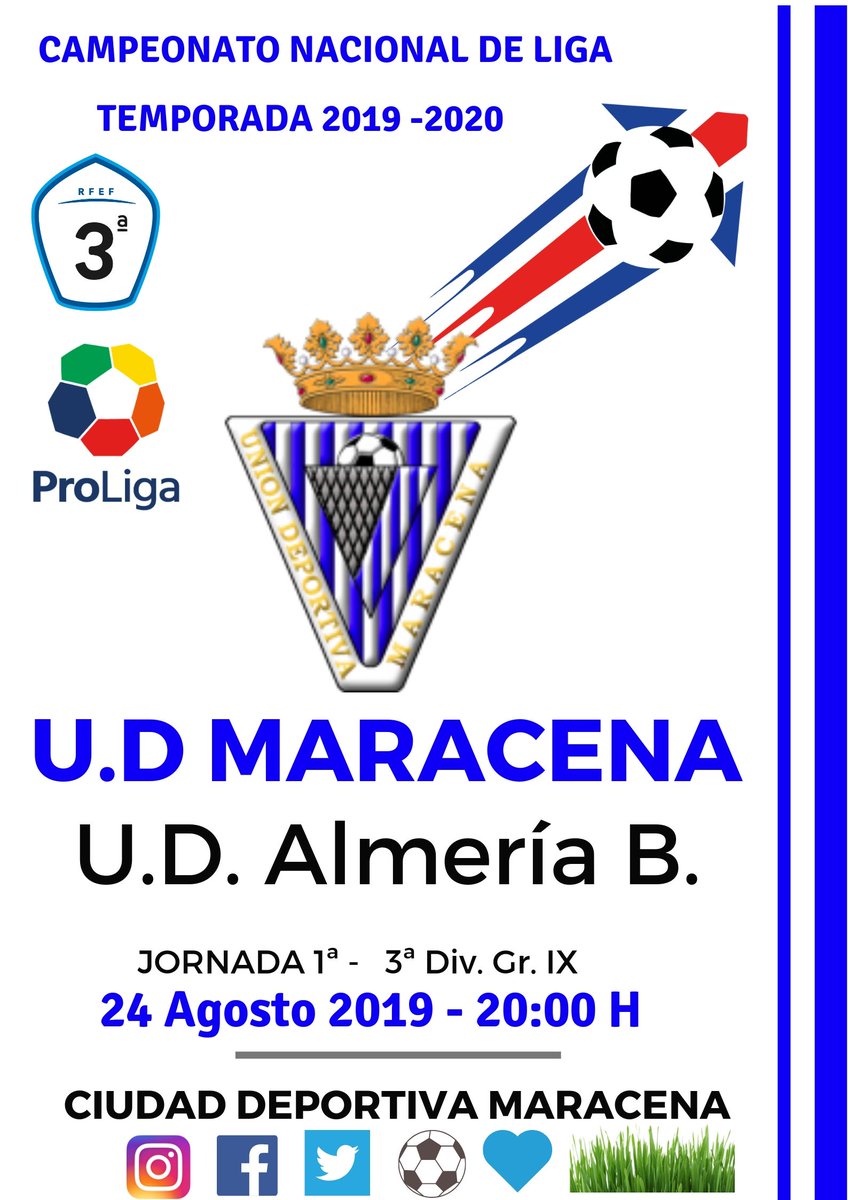 ⚽¡ PRÓXIMO PARTIDO DE LIGA !  ⚽

El Sabado  a llenar la Ciudad Deportiva ,
para celebar el retorno  de nuestro equipo  a 3ª !!!!!!

🆚U.D Almería B @CanteraUDA
 
📅Sabado , 24/08    ⏱20:00
🏟Ciudad Deportiva Maracena

#VamosMaracena    
#DivisiónHonorSenior