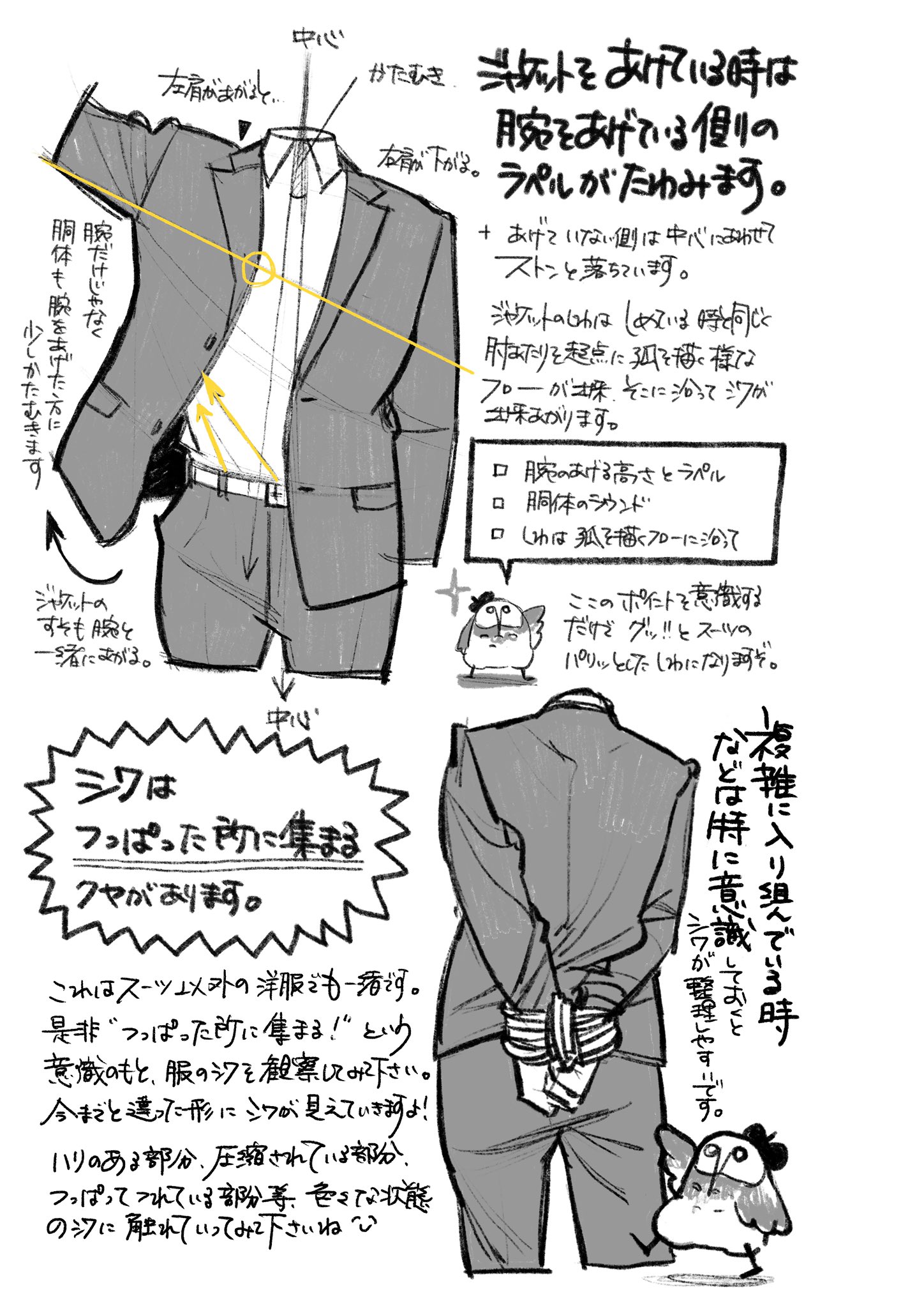 Satoh Fukurow 砂糖ふくろう スーツのシワを描く時に意識してる事とかまとめてみました スーツ書いている時の簡易メモみたいなものをちょっとずつ出していこうと思います T Co 9zcaot8o3d Twitter