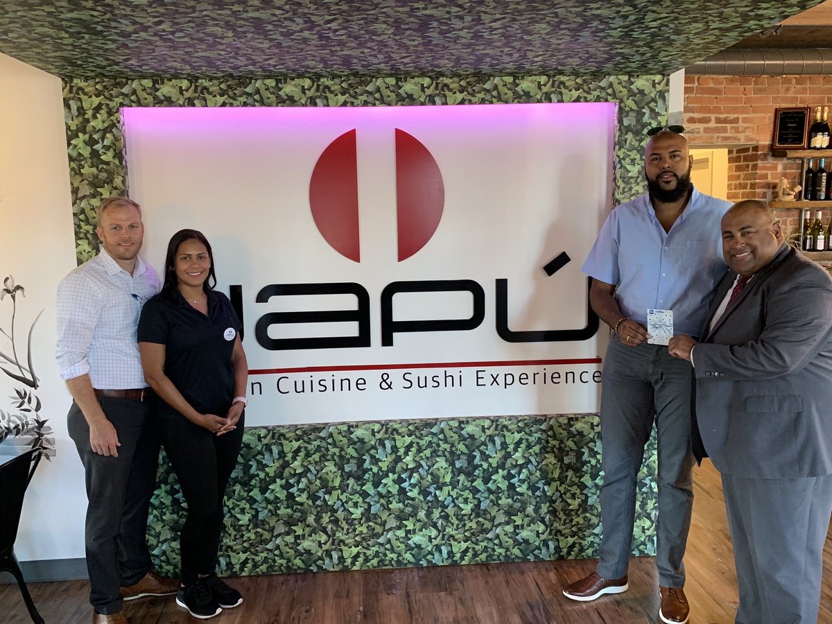 kate2pointoh's tweet photo. Mayor @danrivera01843 awarding the first #Lawrence #rocktheregister winner here at Japu in Lawrence. Congratulations to Akeem on winning a $500 visa gift card. Supporting our businesses affected by the #mvgasfires https://t.co/5R0IvTXWj2