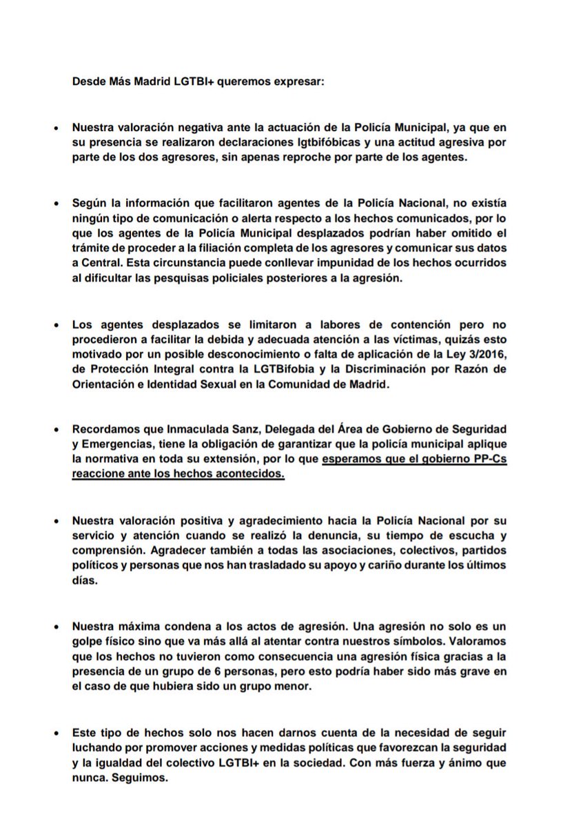 MasMadridLGTBIQ's tweet photo. Comunicado de @MasMadridLGTBI y @mas_centro tras las agresiones homófobas que sufrió el voluntariado de @MasMadrid__ durante las fiestas de La Paloma en la madrugada del sábado. https://t.co/zFqP1GaJa9