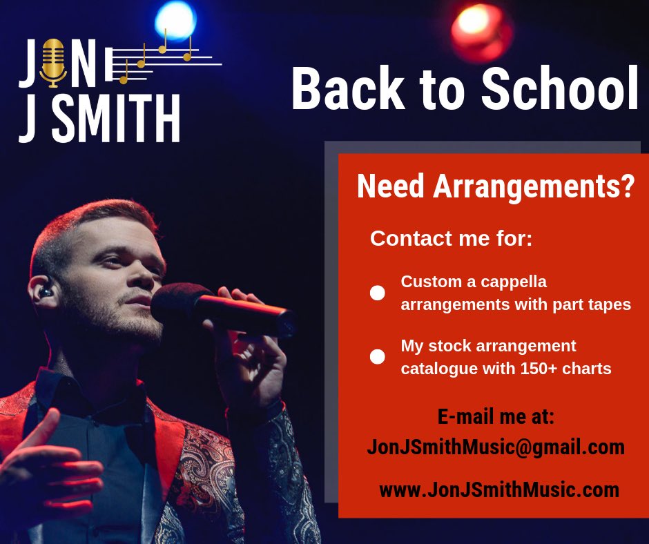 As we approach a new school year and your groups are looking to perform new music, feel free to reach out to me for custom and/or stock arrangements! E-mail me at JonJSmithMusic@gmail.com and feel free to visit my website for some samples of my work - jonjsmithmusic.com