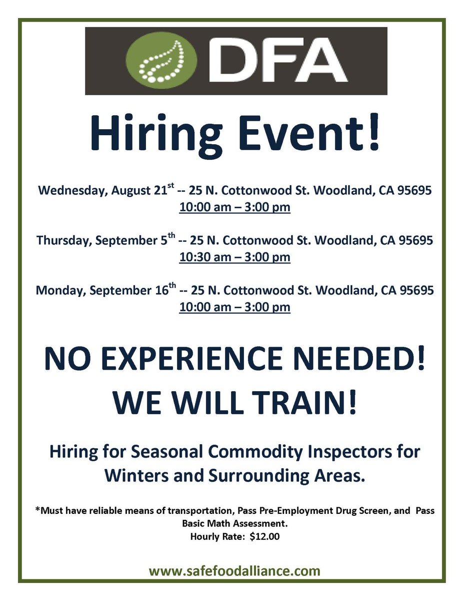 Safe Food Alliance / DFA is holding a hiring event at the Woodland One Stop location. Come by Wednesday, August 21! The event runs from 10:00am - 3:00pm.