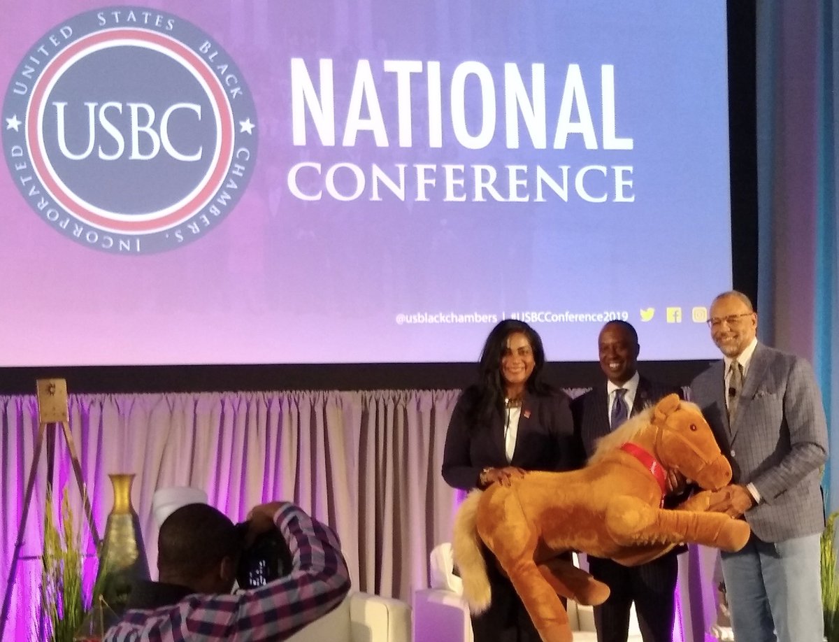salenriquez's tweet photo. @regina_heyward, Supplier Diversity Head, @WellsFargo presents a pony (Bridget) 2 @usblackchambers & announced funding of grants at #USBC19 10th Anniversary Conference in support of biz development efforts of @usblackchambers local chambers https://t.co/7Vik1Retoz
