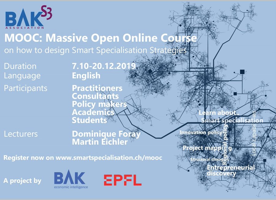 Don't miss the <a href="/BAK_S3_Assoc/">BAK_S3_Association</a> Free #MOOC on how to design #SmartSpecialisation Strategies! 

Learn more about concept and for design and application of a smart specialisation strategy at #regional or national scale.!

When? ➡️ 7 Oct. – 20 Dec. 2019

🖥️ eu-events.eu/14028-mooc-on-…