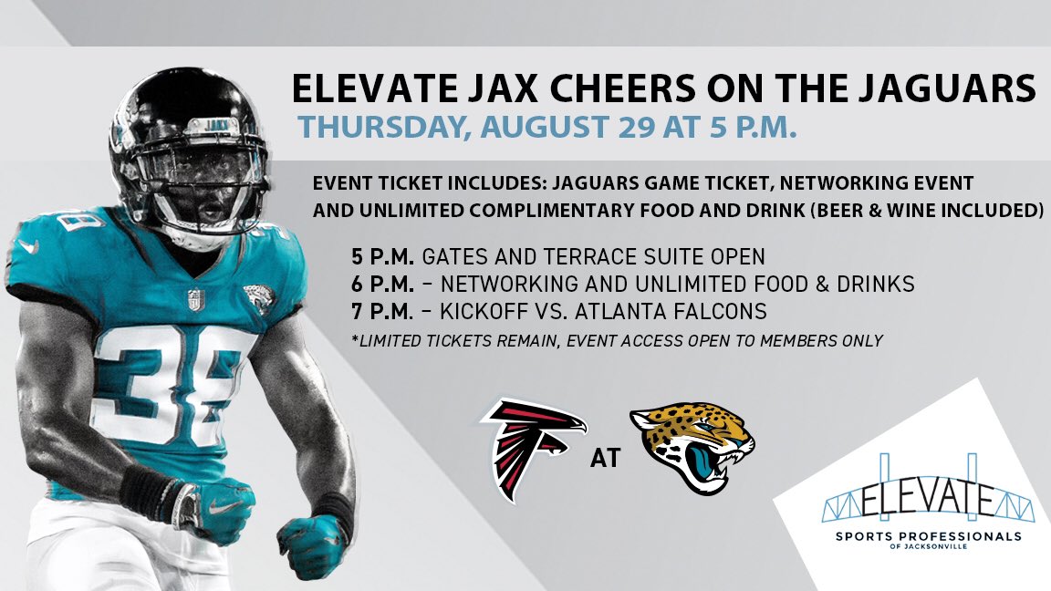 ElevateSPJ's tweet photo. Join Elevate JAX as we cheer on the @Jaguars next Thursday, Aug. 28, in their final preseason game against ATL!

Enjoy unlimited food, 🍺 &amp; 🍷 and air conditioning!

Networking event from 6-7 p.m. prior to kickoff.

$25 tickets for members — more info: https://t.co/gYHNhtGCCA https://t.co/rIMyAzAHGL