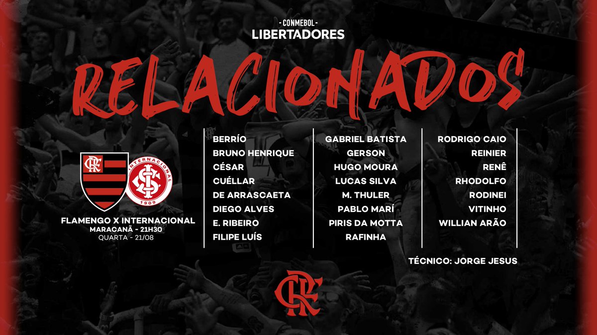 Flamengo's tweet photo. Os relacionados para a partida contra o Internacional. #CRF https://t.co/fjFAxYNeMr