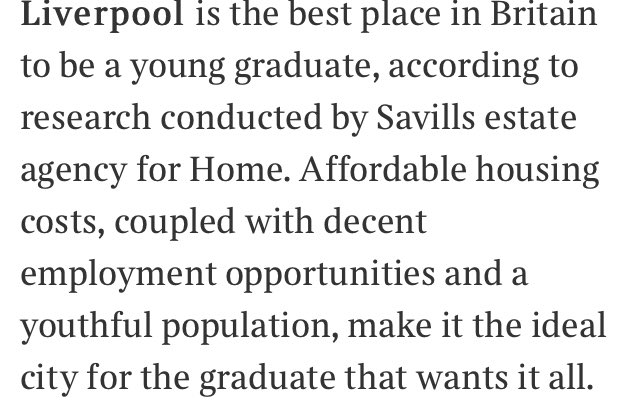 #Liverpool tops the charts in <a href="/thetimes/">The Times and The Sunday Times</a> best places for grads to live 👏bit.ly/2HeEyUr. Nice to see recognition of the many start-ups, as well as affordable housing and good job opps 👍