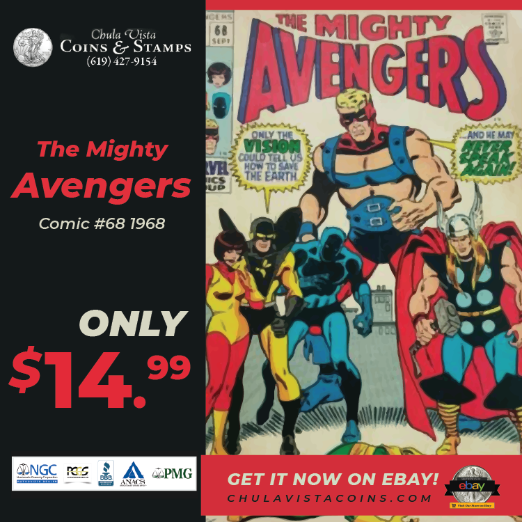 ChulaVistaCoins's tweet photo. ADD THIS COMIC TO YOUR COLLECTION! The Mighty Avengers Comic #68 1968 - A MUST HAVE ITEM!

Get it here: https://t.co/YMjmKYjT2W

#Avengers #ClassicComics #ComicCollectors #OnlyOnEbay #Exclusive #Avengers68 #1968 #MarvelComics #Marvel #StanLee https://t.co/rDvfSO2I9P