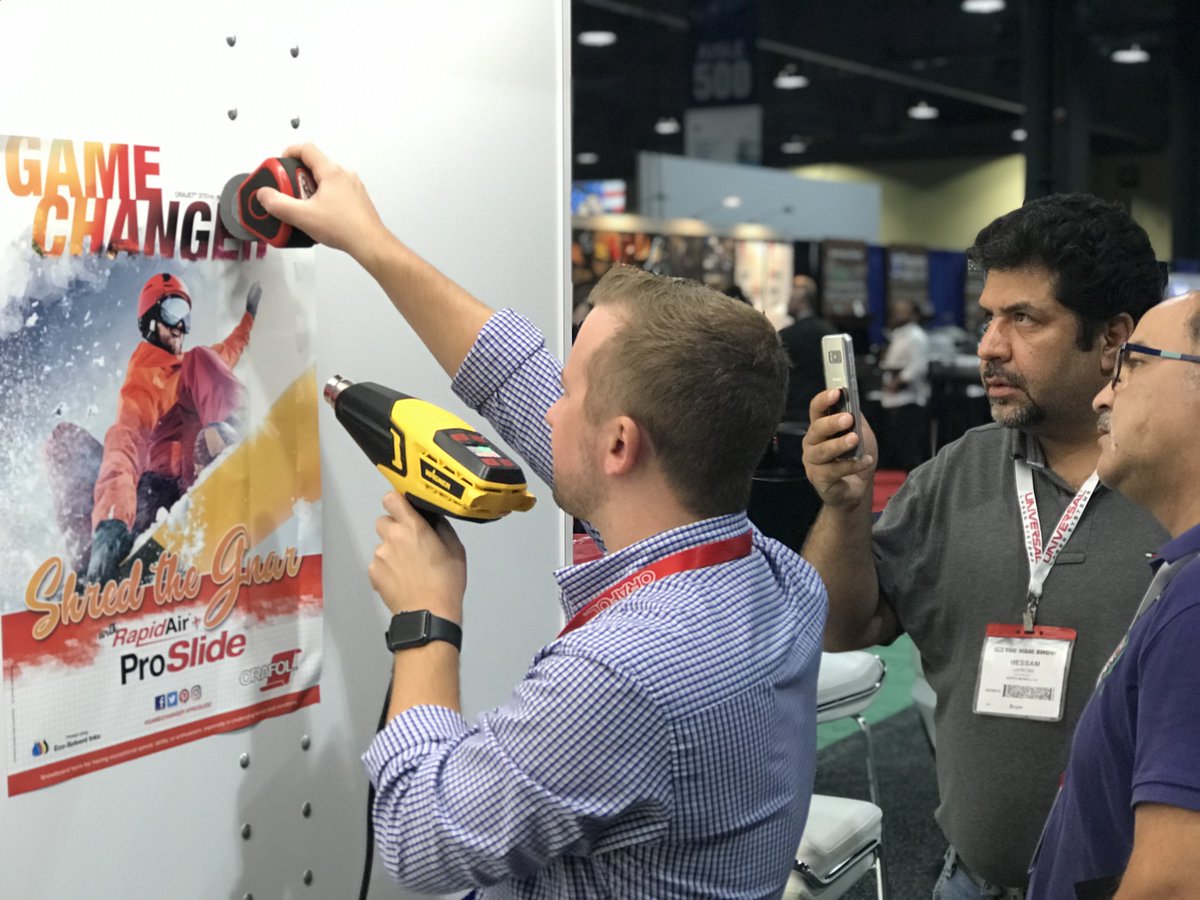 ORAFOL_Americas's tweet photo. Demoing our GAME CHANGING RapidAir® + ProSlide™ panel at @THENBMSHOW Long Beach, CA

#DidYouKnow? ProSlide™ is our advanced repositionable adhesive technology now available on ORAJET® Premium Wrapping Films; 3751PS, 3951PS and 3981PS. https://t.co/ACf0MnJ0jv