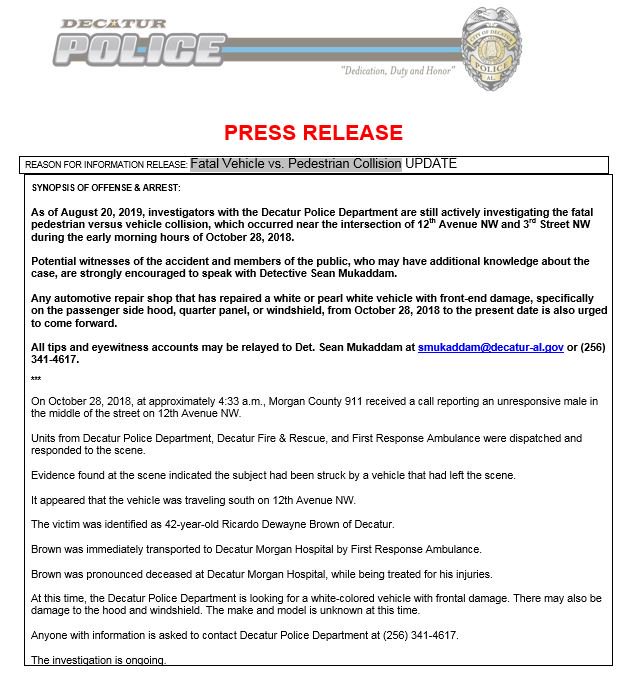 DecaturALPD's tweet photo. #INFONEEDED: The DPD is still investigating a fatal pedestrian vs. vehicle collision that occurred near 12th AVE NW / 3rd ST NW on 10/28/18 at approx. 4:30 a.m. 

Any information should be sent to Det. Mukaddam at (256) 341-4617 or smukaddam@decatur-al.gov. https://t.co/9pF5un5Tai