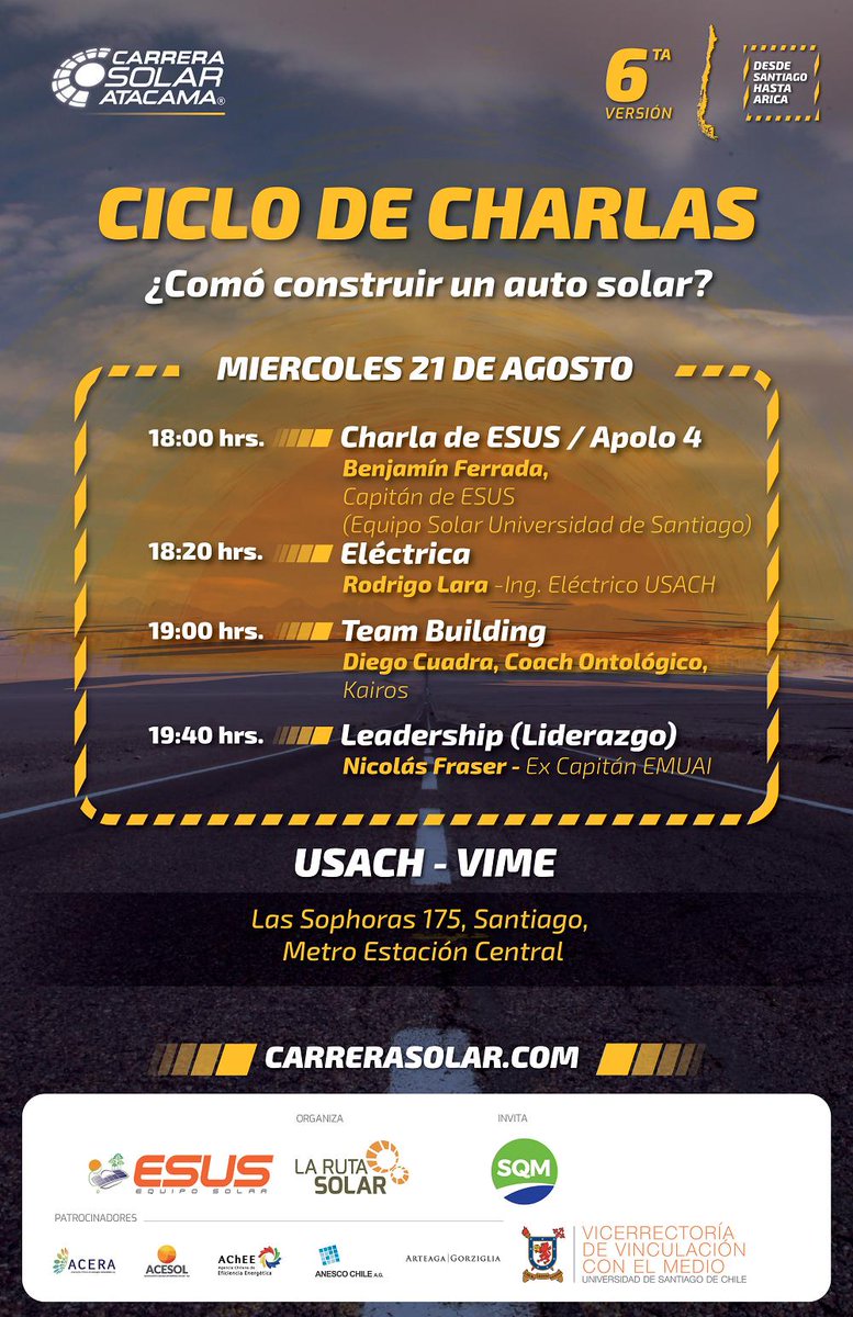[Agenda Vime🗓️] Participa en el ciclo de charlas "¿Cómo construir un auto solar?", en el marco de la Carrera Solar Atacama 2020, desafío de más de 2.500 km que se extiende desde Santiago hasta Arica.

Más información en bit.ly/AutoSolarUsach