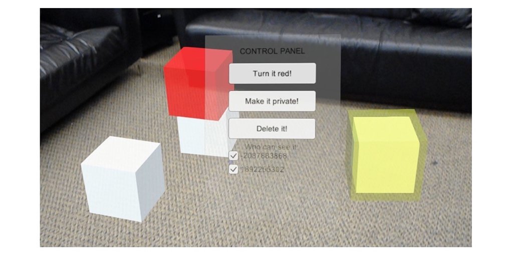ShareAR interface displaying colored virtual cubes against real-world living room, overlaid with control panel showing privacy options