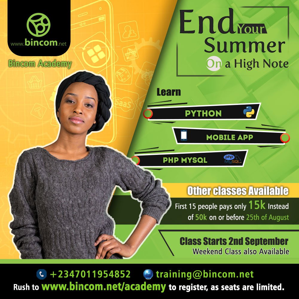 BincomDevcenter's tweet photo. Before summer ends you can always learn programming at a discounted rate. the first 15 people get a discount of 15k instead of 50k. 
#programmer #bincomdevcenter #php #python #devops #mobileapp #bincomAcademy #programmerscommunity # https://t.co/pio59383F9