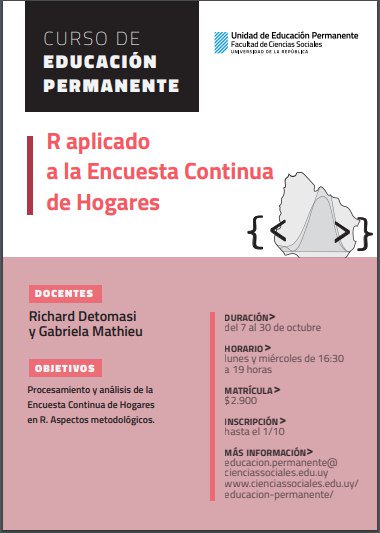 RichardDetomasi's tweet photo. Si estas en Montevideo, te invito a inscribirte al curso "R aplicado a la Encuesta Continua de Hogares " que dictaré junto a @calcita3. Les esperamos!! https://t.co/GYC47hfk4E https://t.co/jLeCcvfQyc