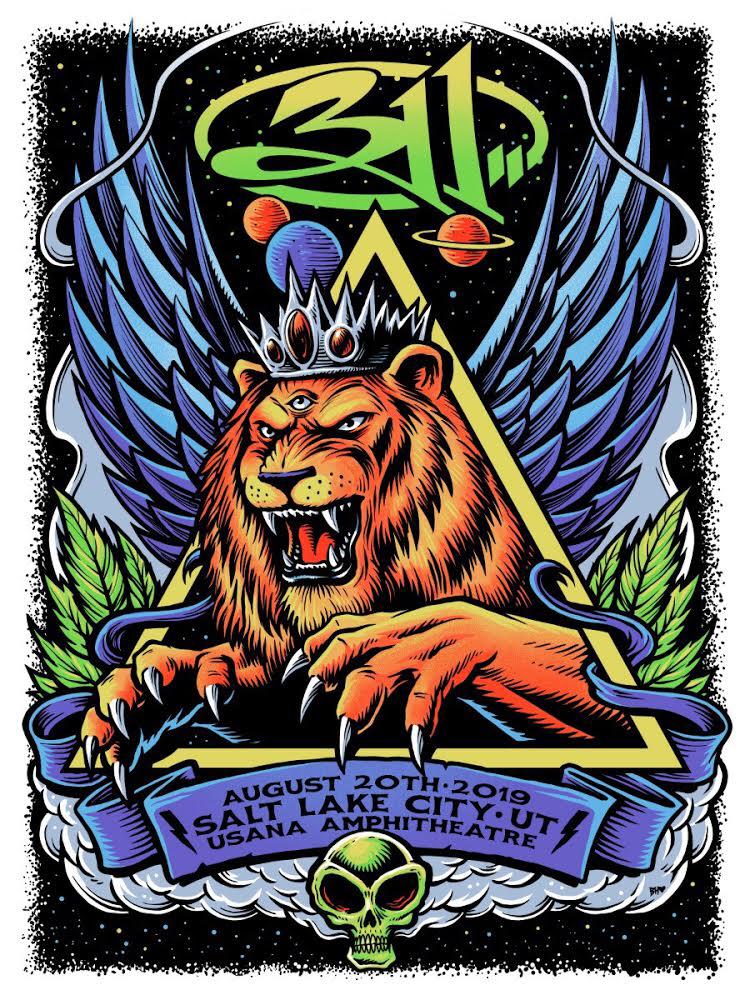 311's tweet photo. Our summer Voyage is coming to a close tonight in Salt Lake City. Time to reveal our final poster with a beautiful 3 eyed 🦁 print from #BrandonHeart of @Fighting4Dreams. Big s/o to our 311 store team and all of the artists for making all of these beautiful prints! https://t.co/kUugJbY5F5