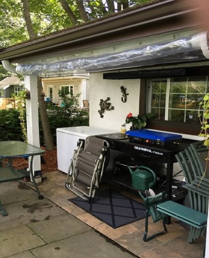 TarpsNow1's tweet photo. Custom 20 Mil Clear Vinyl Curtain creatively installed by a Boston area customer to protect this pleasant summer kitchen from the rain when the need arises. A steel pipe was inserted in the bottom pocket of the curtain for added support when in use.
#ClearVinyl #CustomCurtain https://t.co/bBuj23FyAc