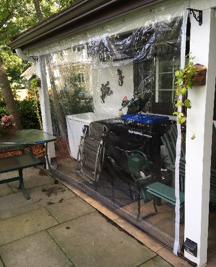 TarpsNow1's tweet photo. Custom 20 Mil Clear Vinyl Curtain creatively installed by a Boston area customer to protect this pleasant summer kitchen from the rain when the need arises. A steel pipe was inserted in the bottom pocket of the curtain for added support when in use.
#ClearVinyl #CustomCurtain https://t.co/bBuj23FyAc