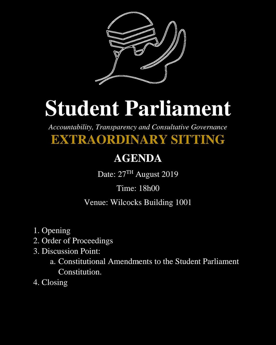 Dear Fellow Maties,
Student Parliament will be voting in the Constitutional Amendments to the Student Parliament Constitution and we would like to request that you exercise your constitutional rights and attend this sitting.