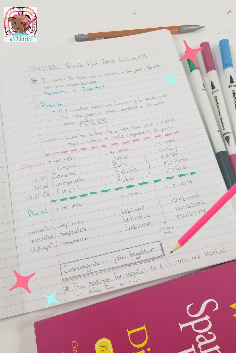 StudyblrUVI1's tweet photo. Notes made based of today's chapter in #SPA132. We briefly went over simple past tense!  #Studyblr #notes #studygram https://t.co/H4NaWYcGTq