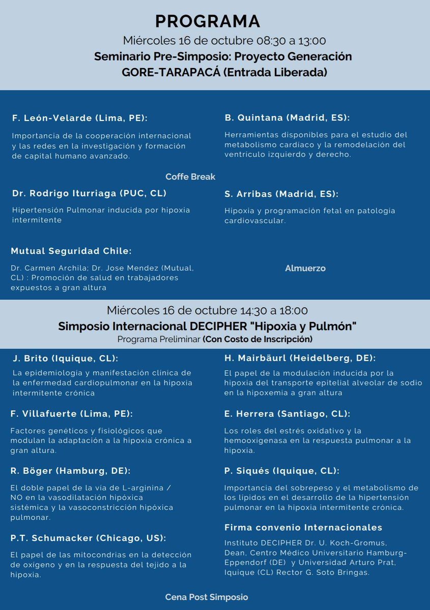colmediquique's tweet photo. [1ER SIMPOSIO INTERNACIONAL DECIPHER "HIPOXIA Y PULMÓN]
Invitamos a la comunidad médica a participar en este importante evento científico a realizarse el 16 y 17 de octubre en #Iquique

INSCRIPCIONES: 🖱https://t.co/BlUTEBYXfU

CONSULTAS:
nabazaes@unap.cl - gabriela.lamas@unap.cl https://t.co/bwdMpSFZMf