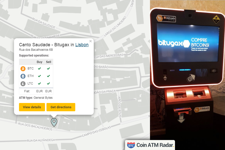 CoinATMRadar's tweet photo. Check this out! New installed @generalbytes #bitcoin machine at Canto Saudade - Bitugax in #Lisbon 🇵🇹. Operated by @bitugax. . Supported coins and fees: #BTC, #ETH, #LTC https://t.co/VgJaUCFyTY https://t.co/ifvovZTW1P