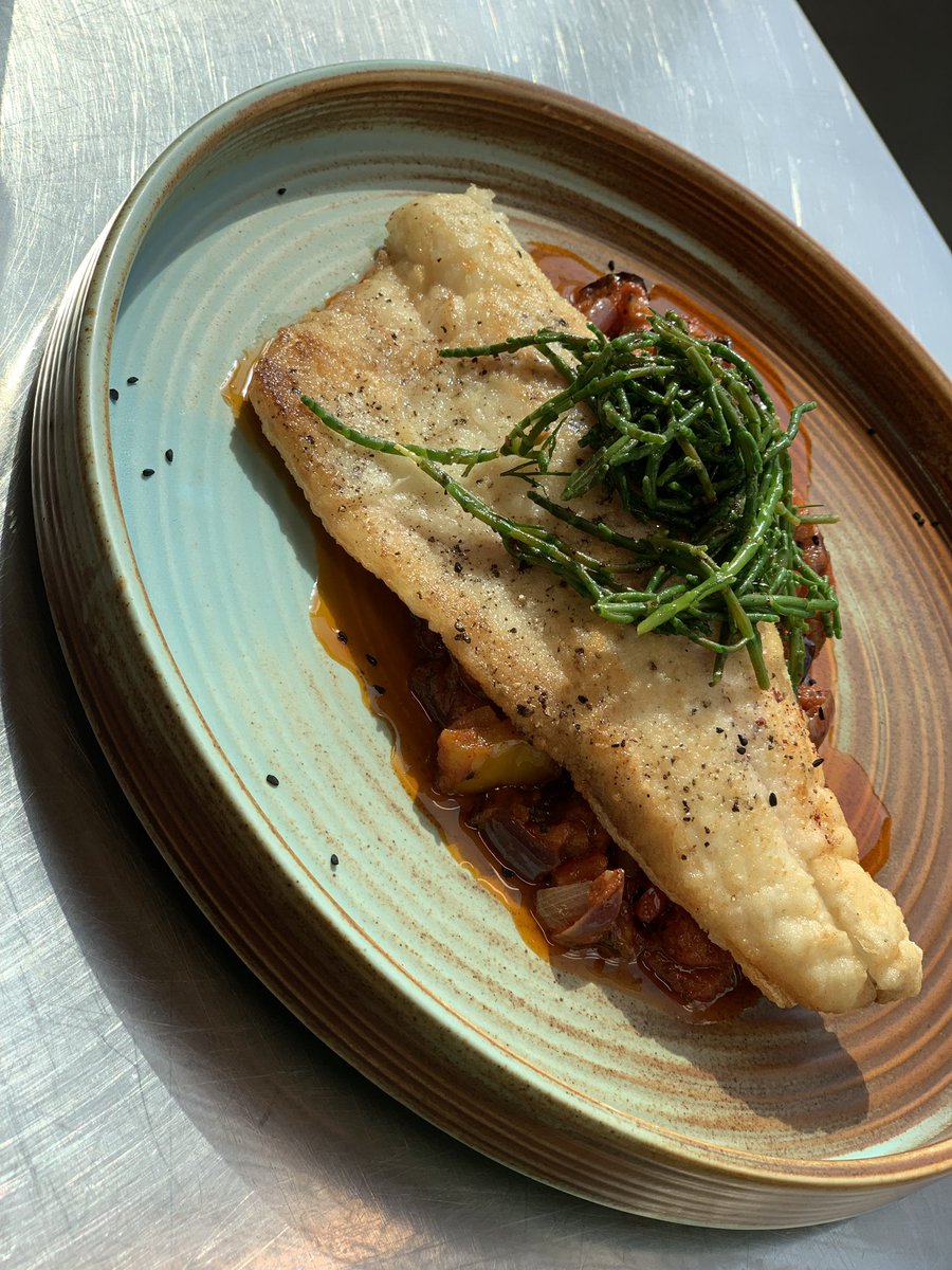 Pan fried sea bass on Mediterranean Shakshuka topped with Samphire, Dill and Sumac ramoulade #tradetest