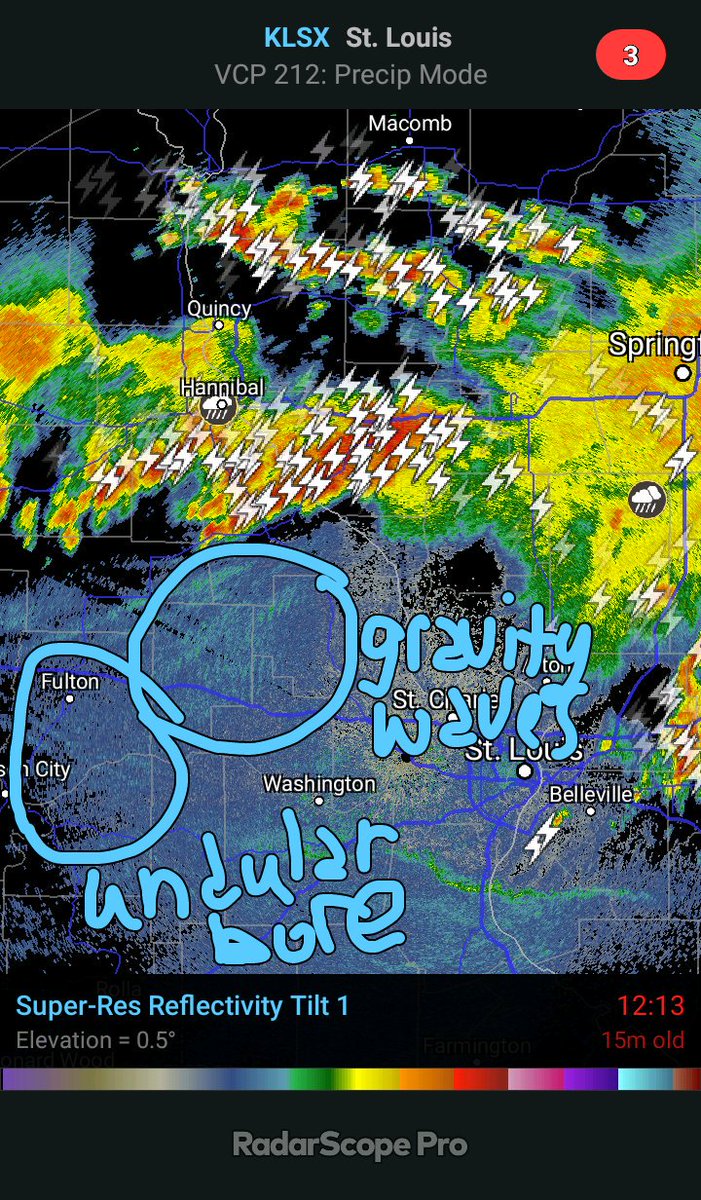 stormmom5's tweet photo. I'm seeing features that look like #gravitywaves and possibly an #undularbore as well as #outflowboundaries earlier. What a radar day! We've got awesome WX in neMO right now! @NWSStLouis @NStewCBS2 @KDeitsch_wx @KHQARich @MO_WX @JoshCozartWx @PSU_RadarMeteo https://t.co/uldPTULeBD
