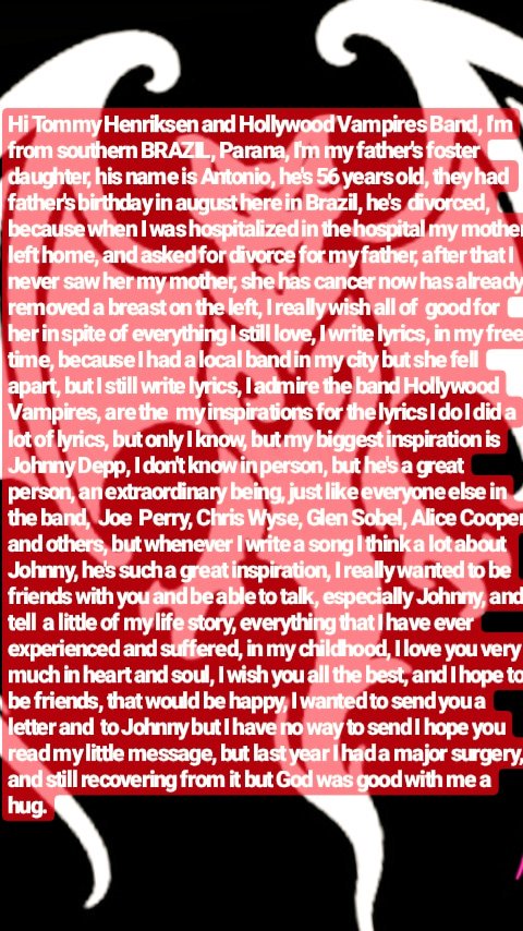 MaylaBrazil's tweet image. A hug from so far away from southern Brazil to all of you especially to #JohnnyDepp    @alicecooper @JoePerry @Glen_Sobel   @DisVicious1 #ChrisWyse #ToAll @chriswyse1  @hollywoodvamps 🌍🌏🌐
All love