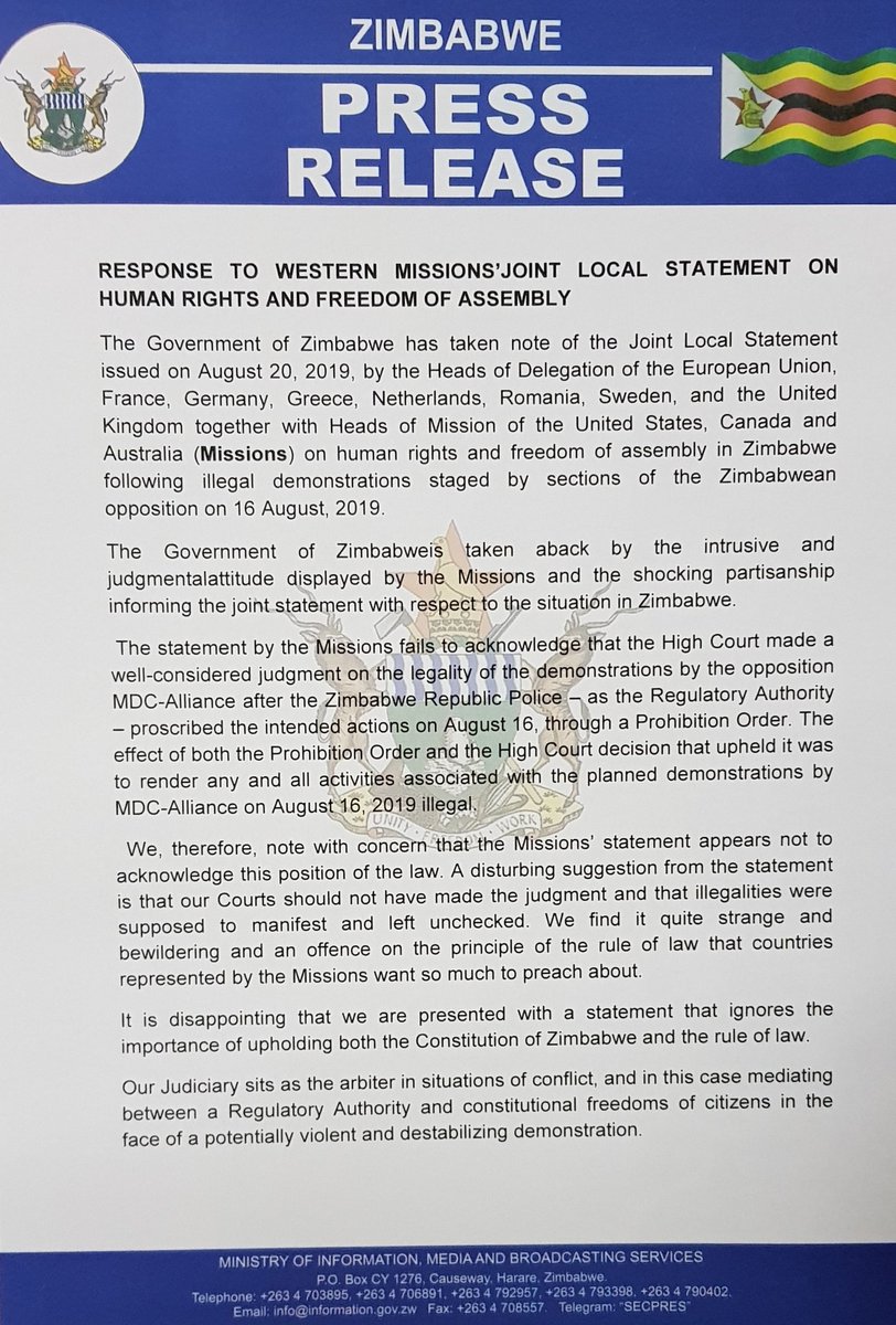 InfoMinZW's tweet photo. Government's response to Western Mission's local statement on human rights and freedom of assembly. https://t.co/mlBeFSAvSF