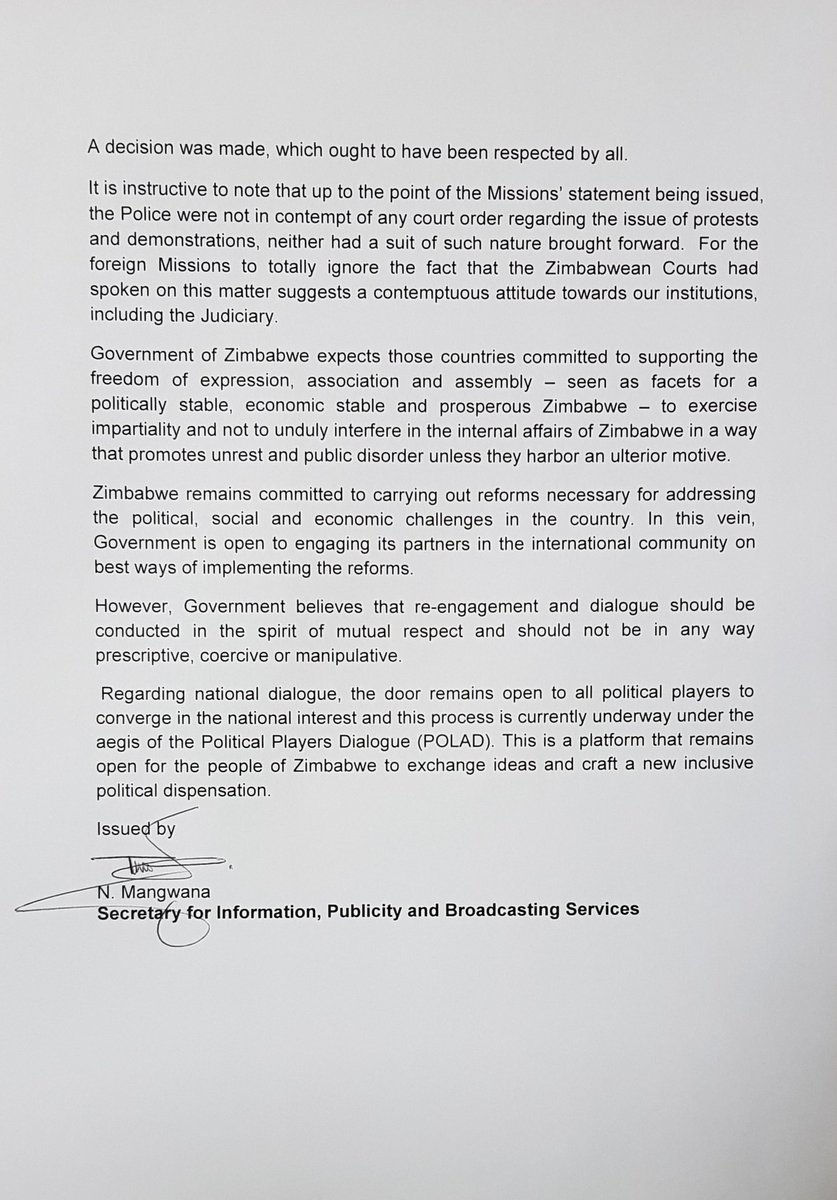 InfoMinZW's tweet photo. Government's response to Western Mission's local statement on human rights and freedom of assembly. https://t.co/mlBeFSAvSF