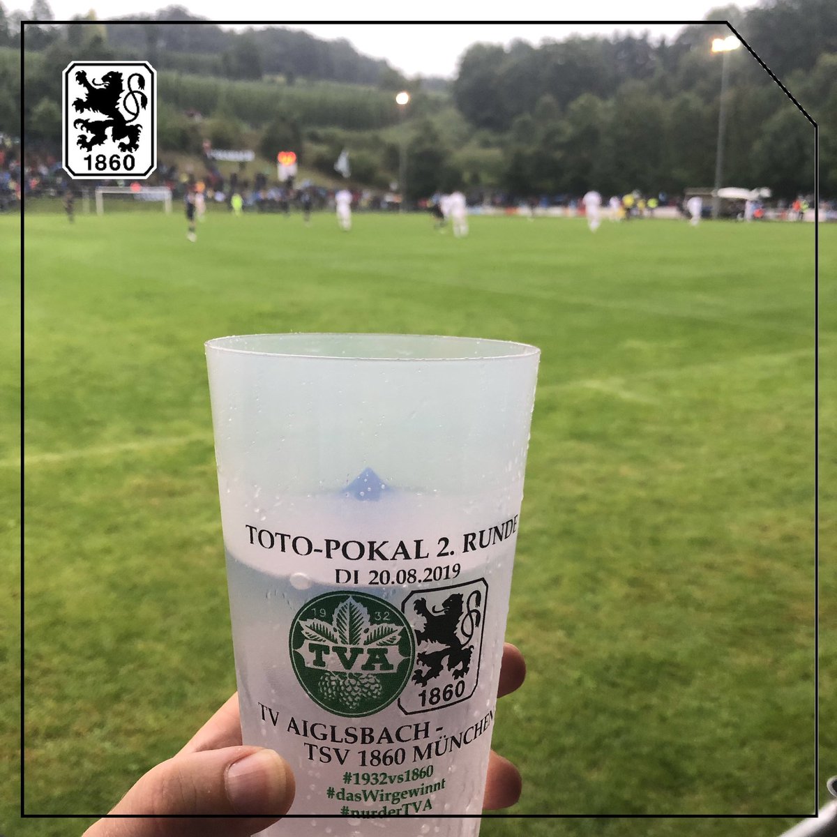TSV1860's tweet photo. Halbzeit in #Aiglsbach. Zeit für ein kühles Getränk aus dem eigens angefertigten Pokal-Becher. Die #Löwen führen souverän.
——
#TVAiglsbach - @TSV1860 0:3 (45‘)
@3_liga @BFV_Medien #Totopokal #TVAM60 #fu3ball #zeigtsuns #tsv1860 https://t.co/Vr9wBhEQZy