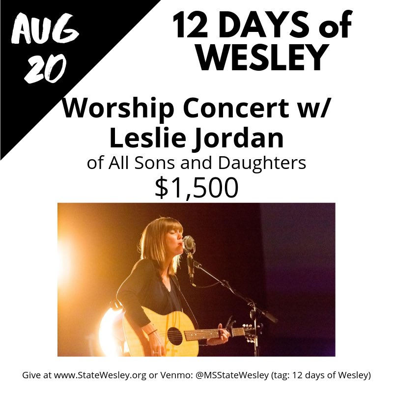 MSStateWesley's tweet image. On the 9th Day of Wesley… We can’t wait for tonight’s worship concert!  And we’re thrilled to share with you that this special event is fully funded!  Thank you to our five friends who are sponsoring our worship concert.