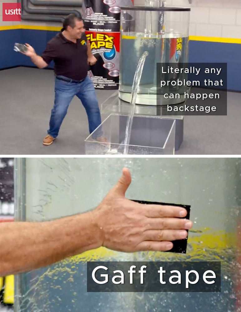 usitt's tweet photo. Basically, there aren't a lot of things gaff tape can't fix.

#GaffTape #TheatreHumor #BackstageHumor #GaffTapeToTheRescue https://t.co/j5HzlRbmcL
