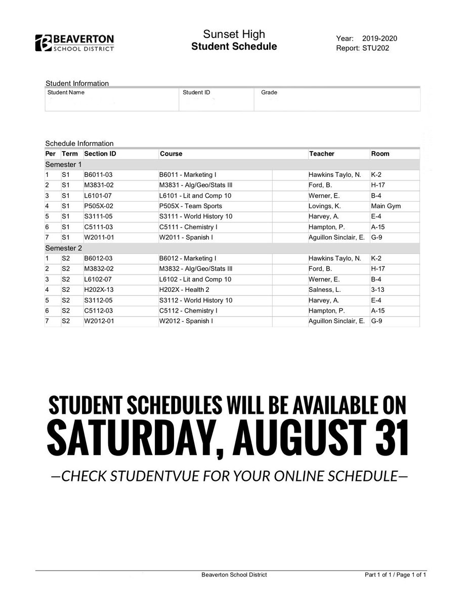 We’re working hard to honor your original 2019-2020 course requests!  Student schedules will be available online Saturday, August 31.