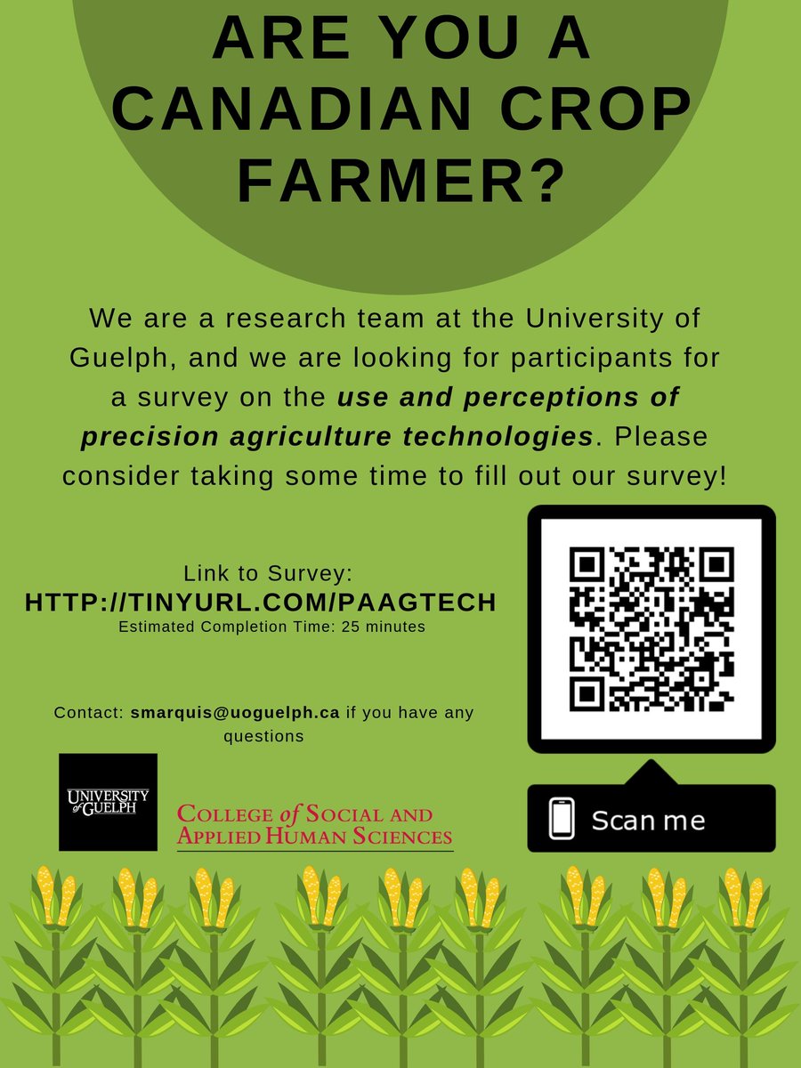 Calling all Canadian crop farmers 🚜! My @UofG research team and I are doing a survey on use and perceptions of precision agriculture technologies, and would love if you could take the time out of your busy schedules to fill out this survey: 

tinyurl.com/paagtech