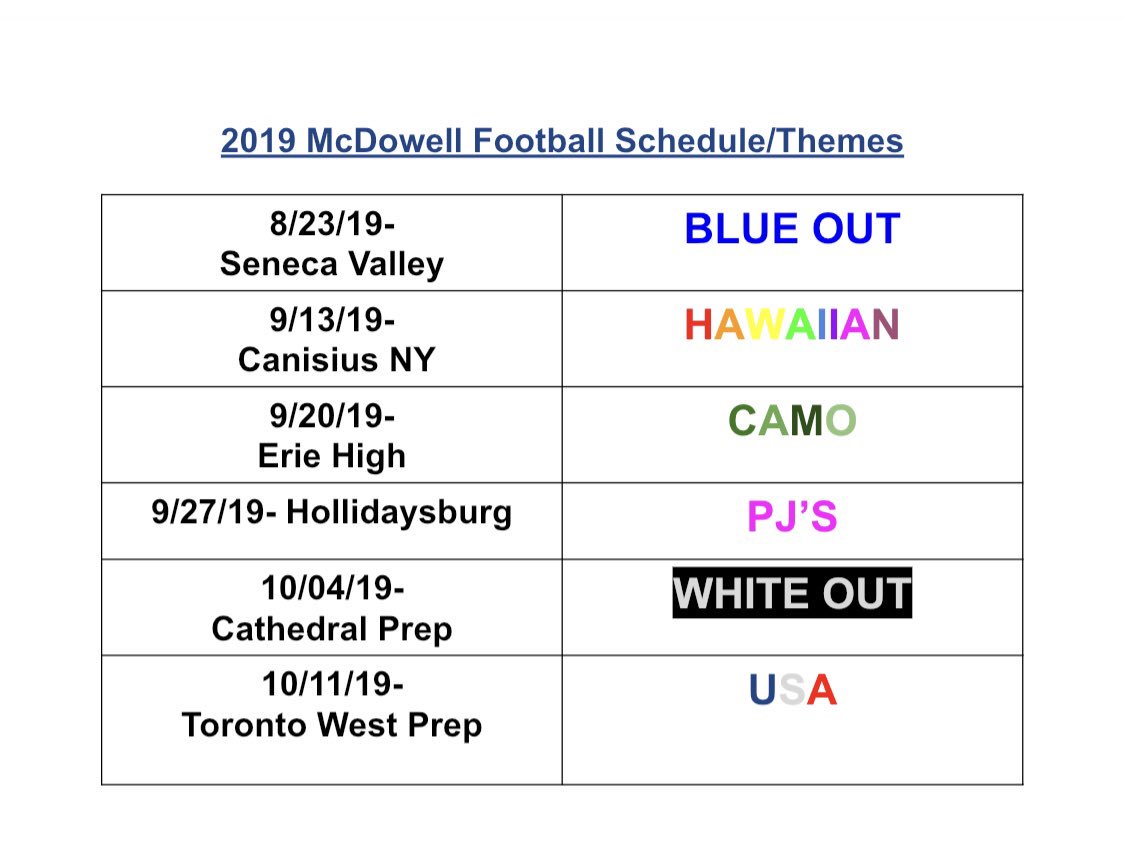 mcdgamedaycrew's tweet photo. 2019 McDowell Football Schedule and Themes! Be there or be square, first game is THIS FRIDAY! Everyone wear your blue and lets get the first win of the season! GO BLUE 💙🤫 #mobbin #GAMEDAY https://t.co/WZ4YcjCq2z