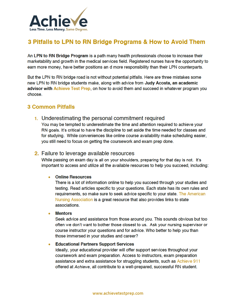 AchieveTestPrep's tweet image. Download this free guide to learn about the common pitfalls of LPN to RN Bridge programs and how you can avoid them, increasing your chance of success in whatever program you choose! bit.ly/2TNkg9F #LPNtoRN #RNBridge