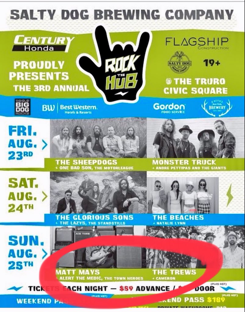 Mom-ager (@rockbandmomager) on Twitter photo Going to be a great weekend <a href="/rockthehubtruro/">rockthehubtruro</a>! Looking forward to <a href="/alertthemedic/">Alert The Medic</a> on Sunday night with an amazing line-up!! #rocknroll #eastcoast #BeThereOrBeSquare <a href="/MattMays/">Matt Mays</a> <a href="/thetrews/">The Trews</a> <a href="/TheTownHeroes/">The Town Heroes</a> <a href="/CameronTheBand/">CAMERON</a> @BigDogTruro Going to be a great weekend <a href="/rockthehubtruro/">rockthehubtruro</a>! Looking forward to <a href="/alertthemedic/">Alert The Medic</a> on Sunday night with an amazing line-up!! #rocknroll #eastcoast #BeThereOrBeSquare <a href="/MattMays/">Matt Mays</a> <a href="/thetrews/">The Trews</a> <a href="/TheTownHeroes/">The Town Heroes</a> <a href="/CameronTheBand/">CAMERON</a> @BigDogTruro