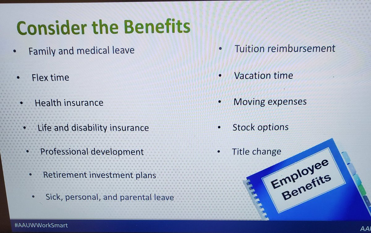 WinniPaul's tweet photo. When involved in #SalaryNegotiation, make sure to consider the benefits. Have at least three benefits that you want to negotiate

[List of benefits: i.e. family/medical leave, flex time, health insurance, etc.]

#AAUWWorkSmart #HigherEd #SAchat #HigherEdNerd #HoHEchat https://t.co/FYz1H163UL