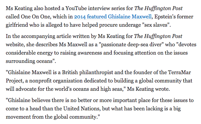 As I thought, Katherine Keating's links to Ghislaine Maxwell are through the TerraMar Project. In 2014, Katherine Keating interviewed Ghislaine Maxwell for the Huffington Post.  @911CORLEBRA777  @LouiseMensch  https://www.qt.com.au/news/ex-pms-daughter-linked-to-epstein-video/3810201/
