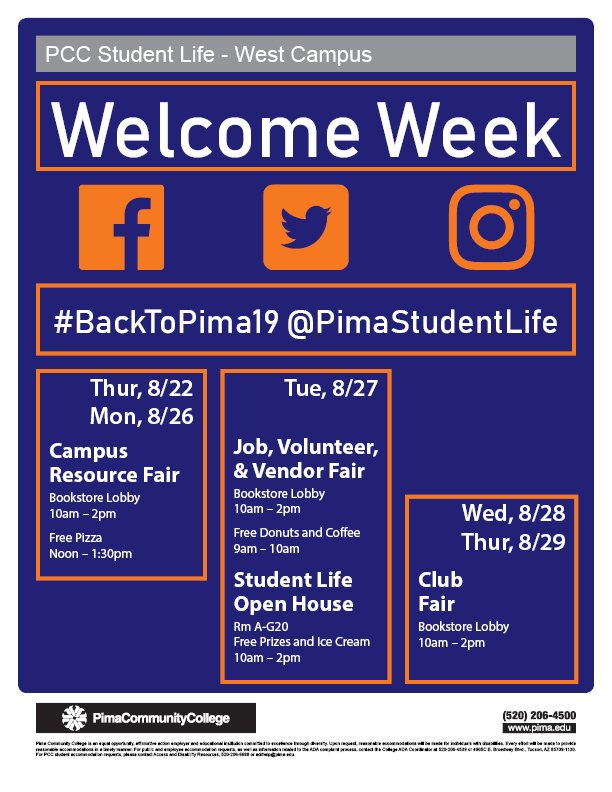 PimaFYE's tweet photo. #StudentLife is hosting fun activities at each campus to #Welcome you to #FallSemester . Checkout what's happening at West campus and follow @pimastudentlife for more info.  #BacktoPima19 #WelcomeBack #StartSmart #KeepStriving #communitycollege https://t.co/PuGqtjRDRv