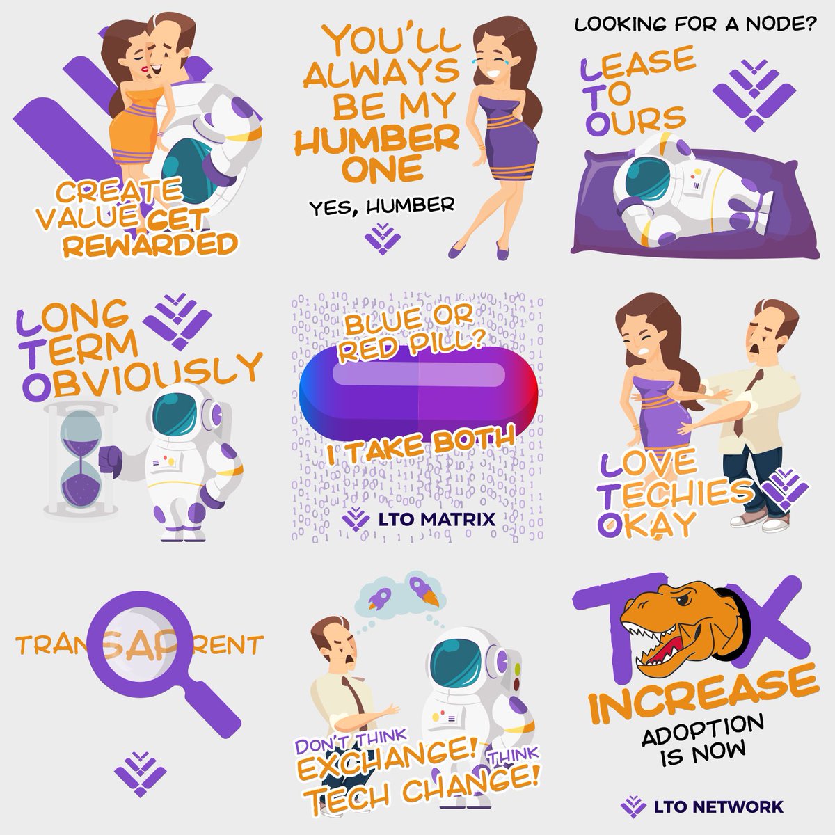 muntuitslager's tweet photo. I created again 9 new Telegram stickers for LTO Network in the LTOnaut theme. That makes 18 now. Which one is your favorite? #ltonetwork @LTOnetwork #ltonauts $lto #adoption #telegramstickers #telegram #ltonaut #livecontracts https://t.co/etX4NJfVl0