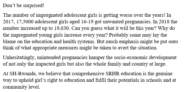 shrwanda2015's tweet photo. Comprehensive #SRHREducation as a genuine way of averting the situation of unintended pregnancies among teens @RBCRwanda @UNFPARwanda @Imbuto https://t.co/QMbSWk5QlJ