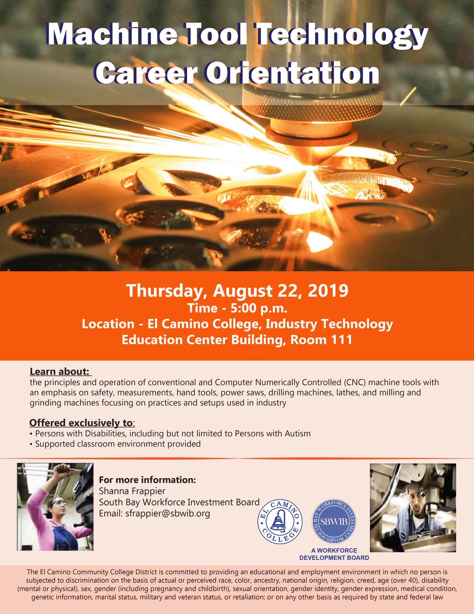 SouthBayWIB's tweet image. Couldn&apos;t make it on Monday? Attend the orientation this Thursday! 

#MachineToolTechnology Career Orientation 8/22 

Open to Persons with Disabilities, including but not limited to Persons with Autism

#CNC #Orientation #ElCaminoCollege