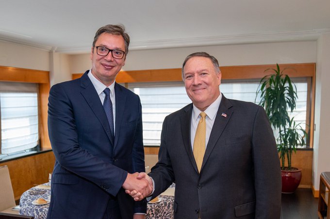 U.S. Secretary of State Mike Pompeo shakes hands with Serbian President Avucic