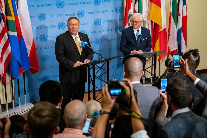 U.S. Secretary of State Michael R. Pompeo participates in a press conference at the United Nations in New York City on August 20, 2019.