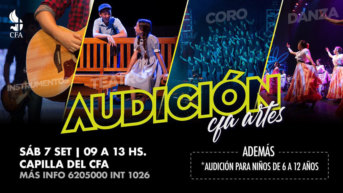 IglesiaCFA's tweet photo. ¡Se parte del talento y creatividad de #CFAartes para impactar Paraguay y las naciones!
Trae tu talento y participa de las audiciones el sábado 7 de setiembre de 9 a 13hs. Además habrá audición para niños de 6 a 12 años. ¡Te esperamos!
#Ensancha2019 #IglesiaCFA https://t.co/cOIy1t5c1E