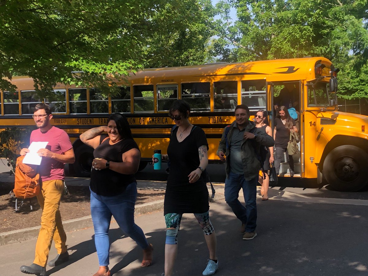 TigardTualSD's tweet photo. Welcome to new TTSD teachers!  Teachers were picked up by school bus today and experienced a guided tour from their school to Broadway Rose for new teacher orientation. https://t.co/HfRgme1fXy