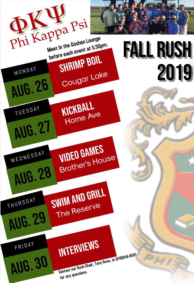 Fall recruitment is next week! Make sure to come to our rush events and meet the men of Phi Kappa Psi. Meet in the Goshen Lounge in the MUC at 5:30 before all events. See you then! #RushPhiPsi