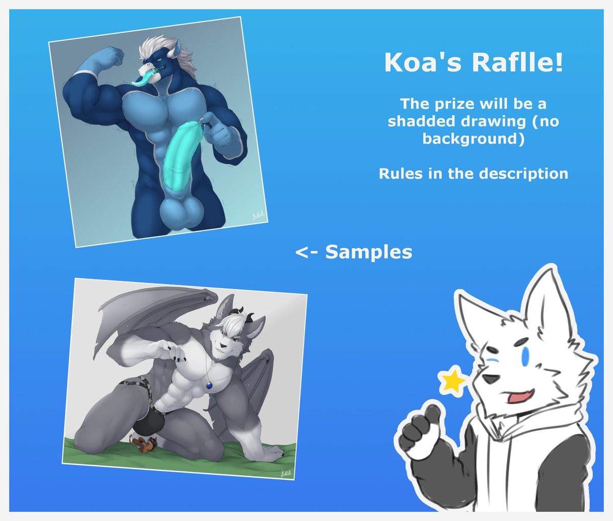 Hello guys! 
This month i'll be doing a free raflle!
If you wish to participate, the rules are simple~
To participate you must:
-Retweet and like this post;
-Follow me here on twitter;
- your fursona must be male;
The winner will be chosen randomly on sunday
Thanks and Good Luck~